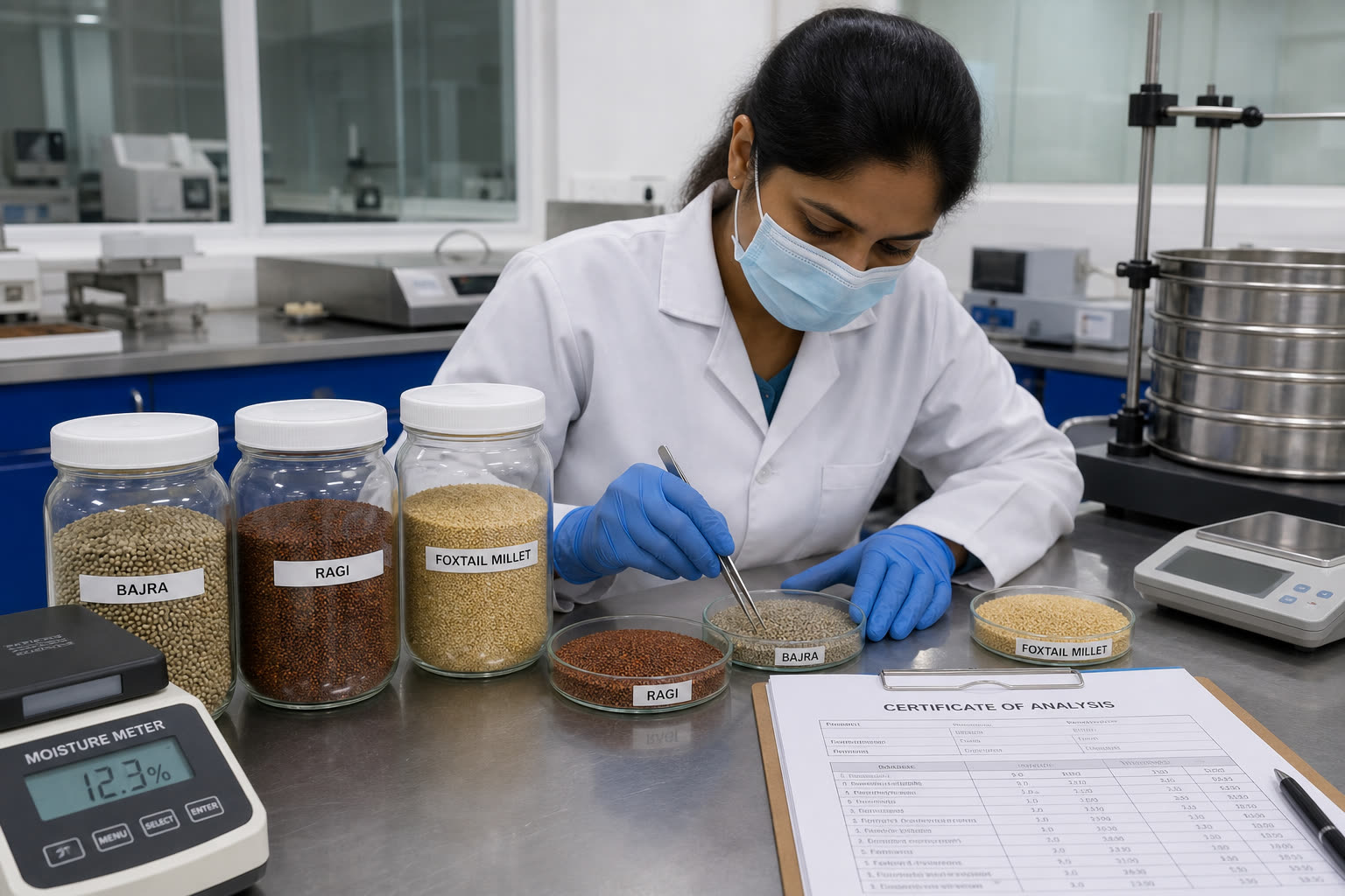 Laboratory analyst testing bajra, ragi, and foxtail millet samples for moisture and grade before export COA