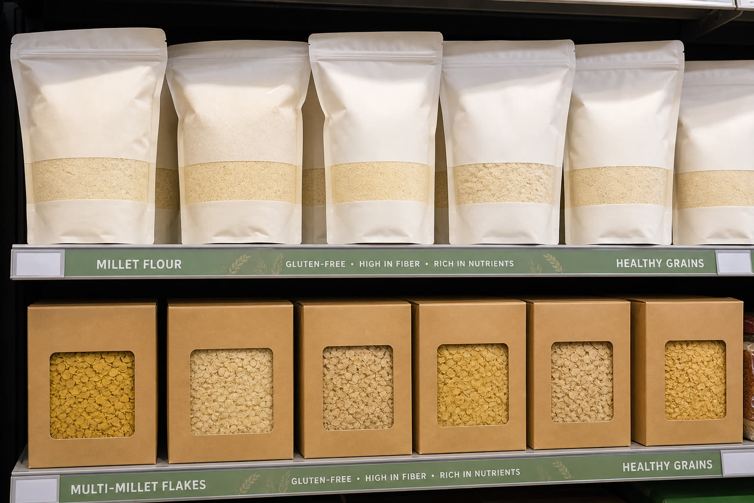 Private-label pouches and cartons of millet flour and multi-millet flakes on a grocery shelf display