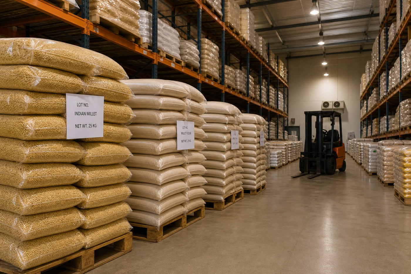 Palletized bags of Indian millet grain and flour stored in a dry food-grade export warehouse