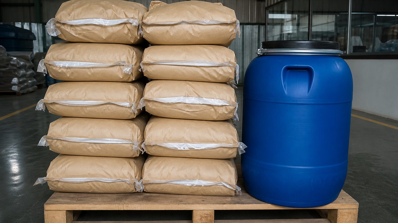 25 kg food-grade bags of Moringa leaf powder and a 25 kg HDPE extract drum ready for export