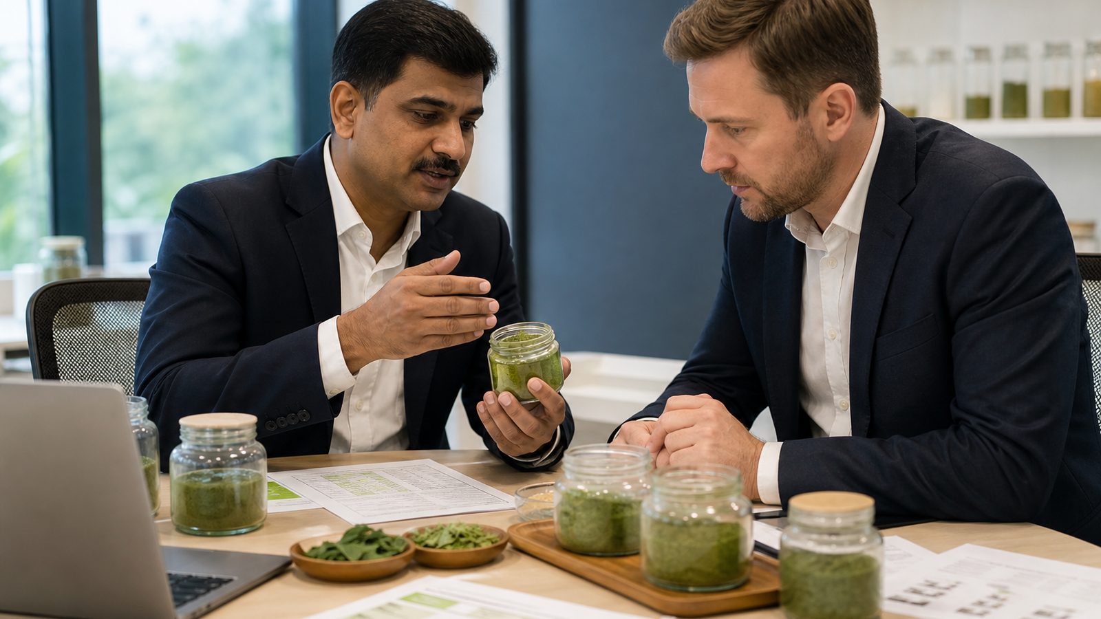 International buyer reviewing Indian Moringa powder samples, COA specs, and dated FOB terms with a merchant exporter