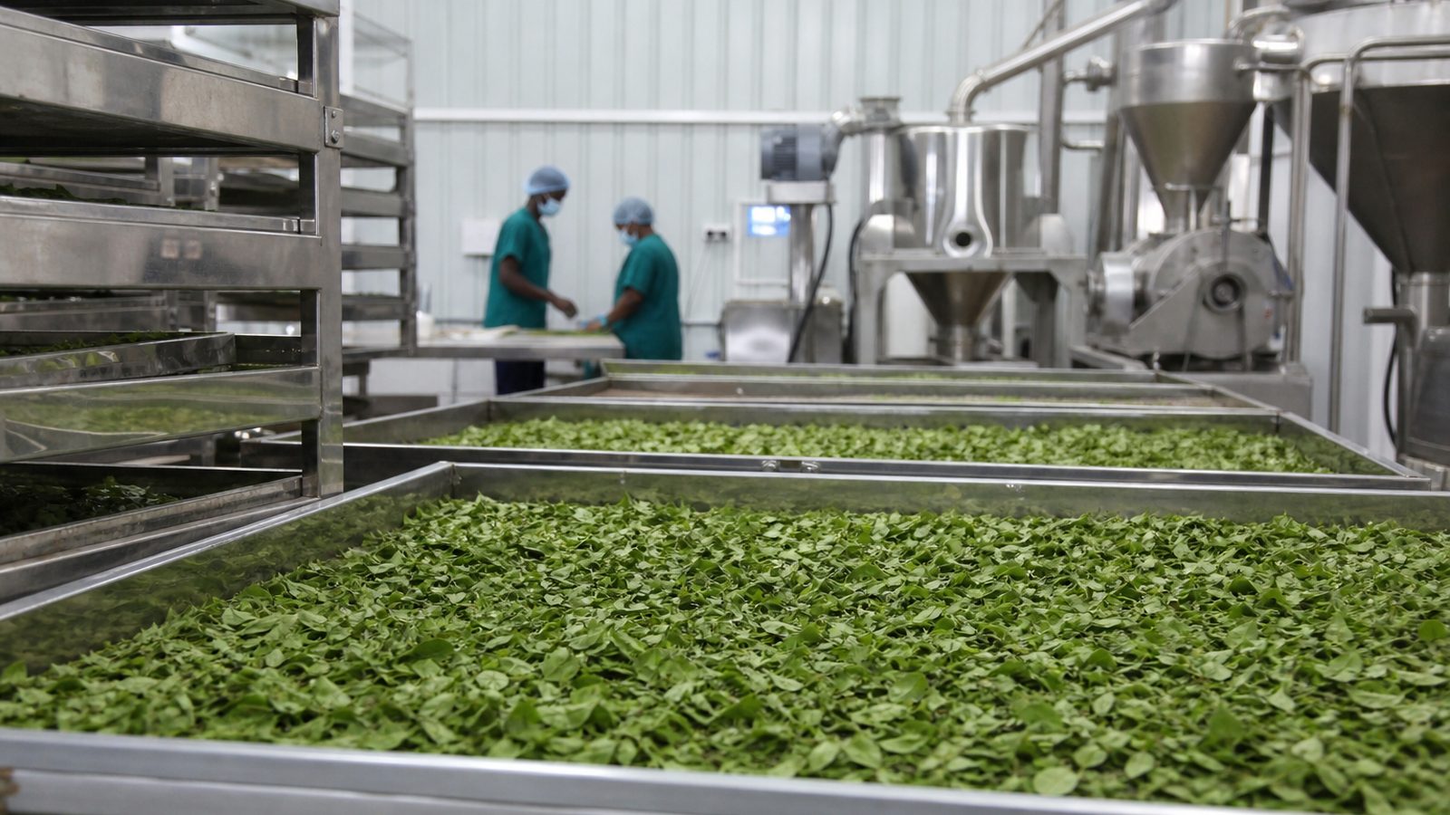Moringa leaf drying racks and milling line in a Tamil Nadu export processing plant