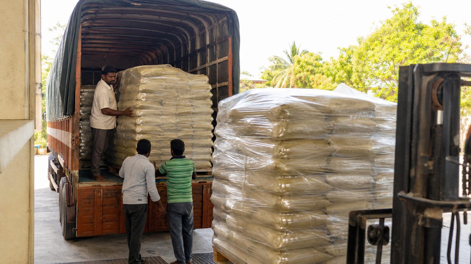 Truck loading palletized Indian Moringa powder for haul from Tamil Nadu to Chennai or Tuticorin port