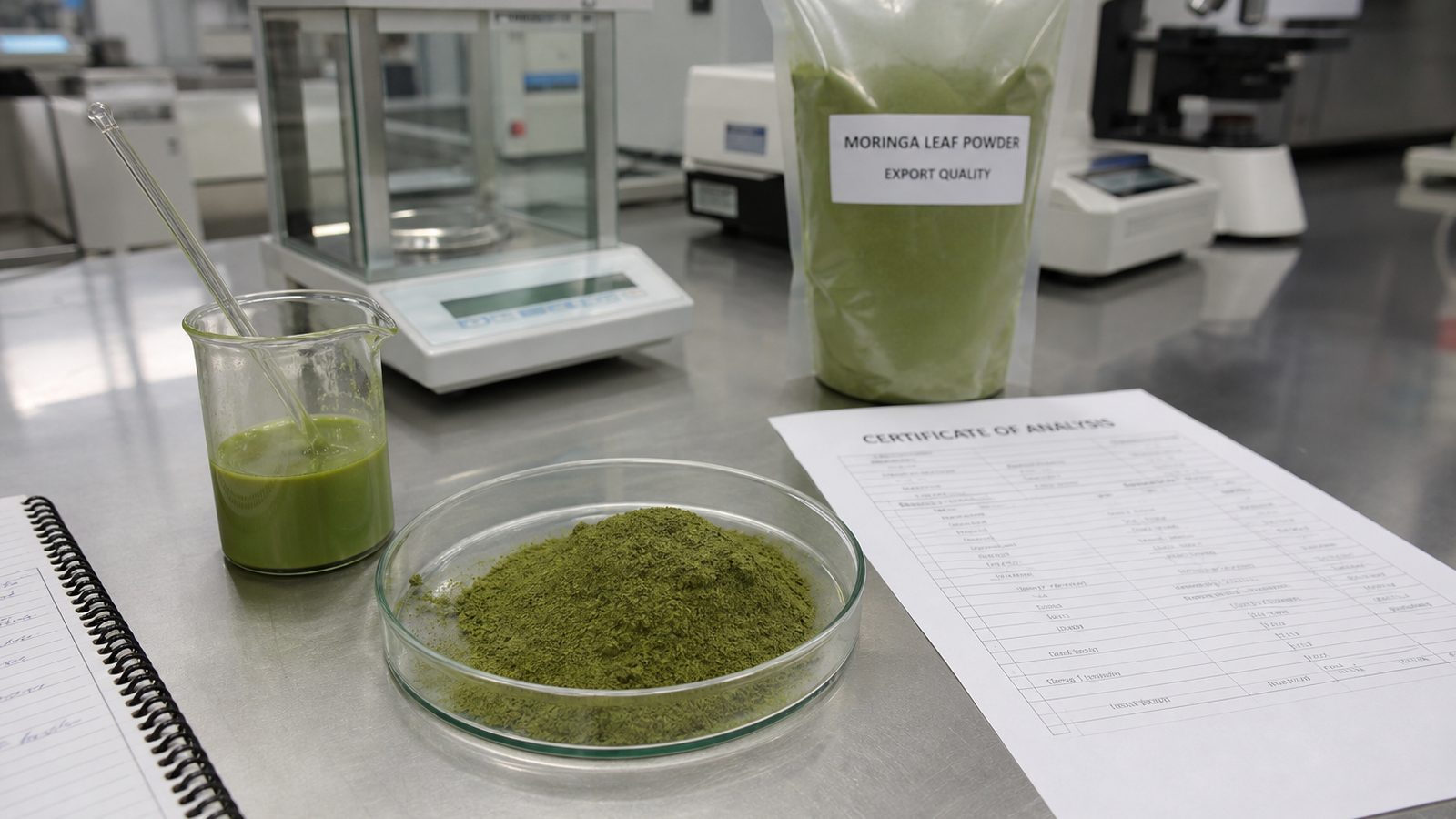 Laboratory Certificate of Analysis checklist for Indian Moringa powder protein, moisture, micro, and heavy metals