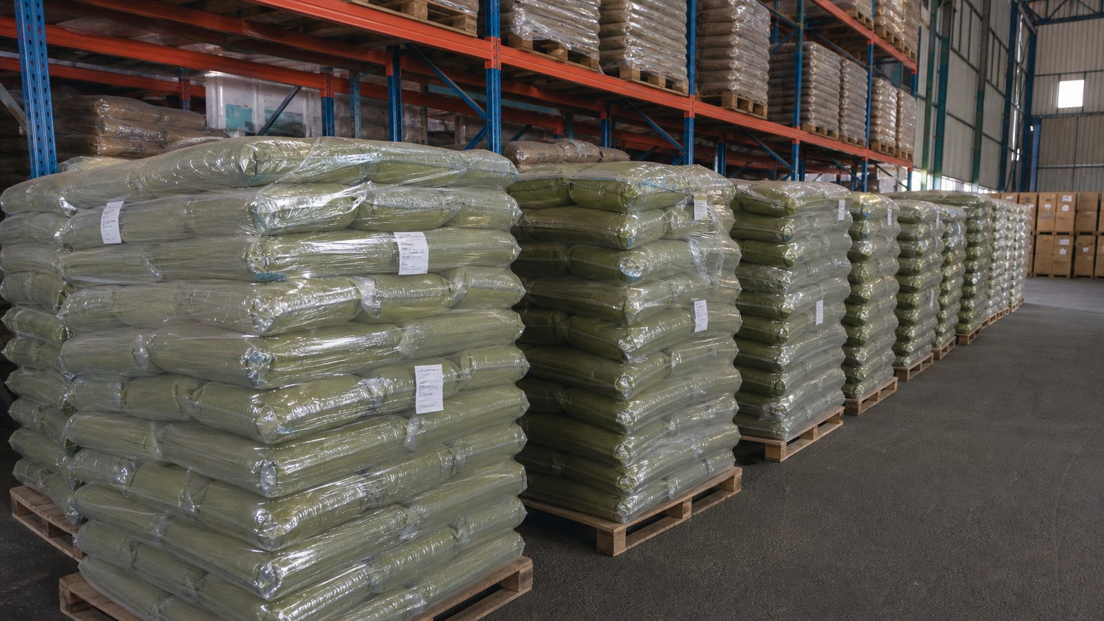 Palletized bags of Indian Moringa leaf powder staged on dry warehouse racks before port dispatch