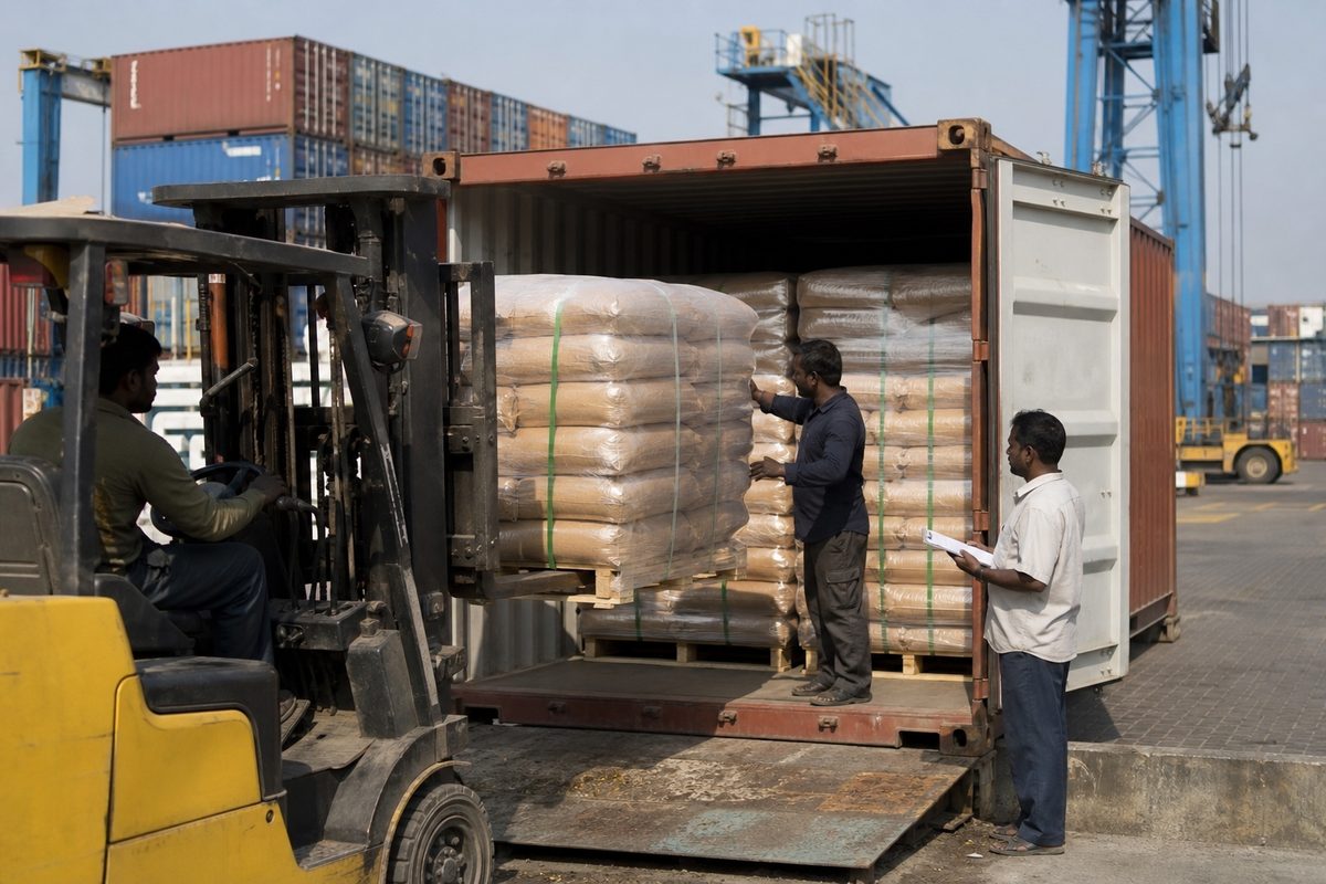 Moisture-protected stuffing of Indian neem powder bags into a 20-foot export shipping container
