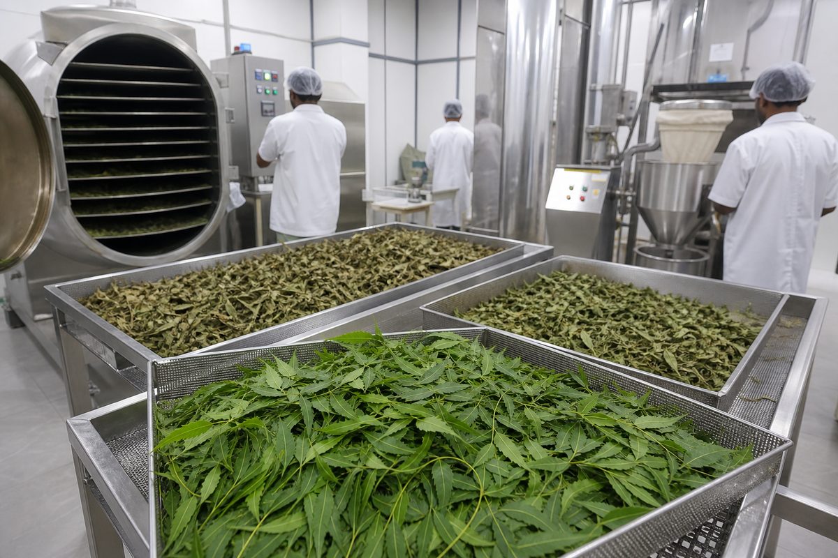 Neem leaf drying trays and milling line in a Tamil Nadu-region export processing plant