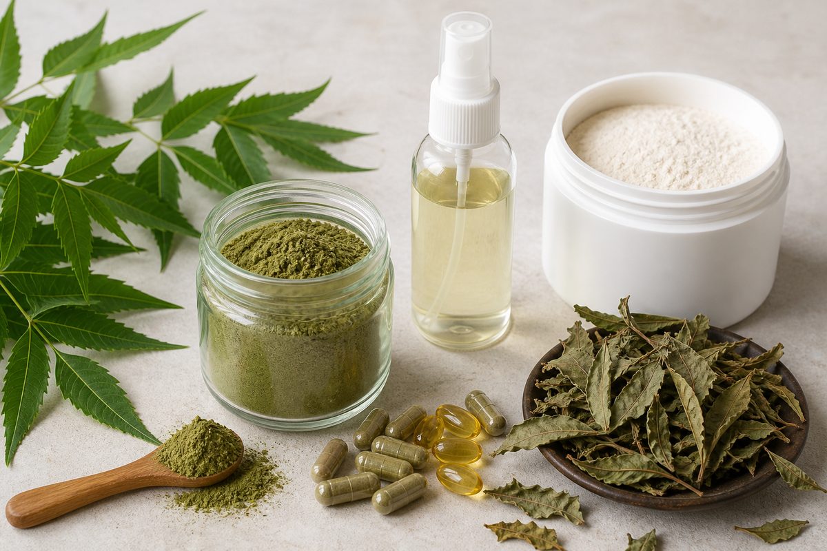 Neem leaf powder jar, capsules, dried leaf, and plain agri spray bottle for personal-care and agri-input applications