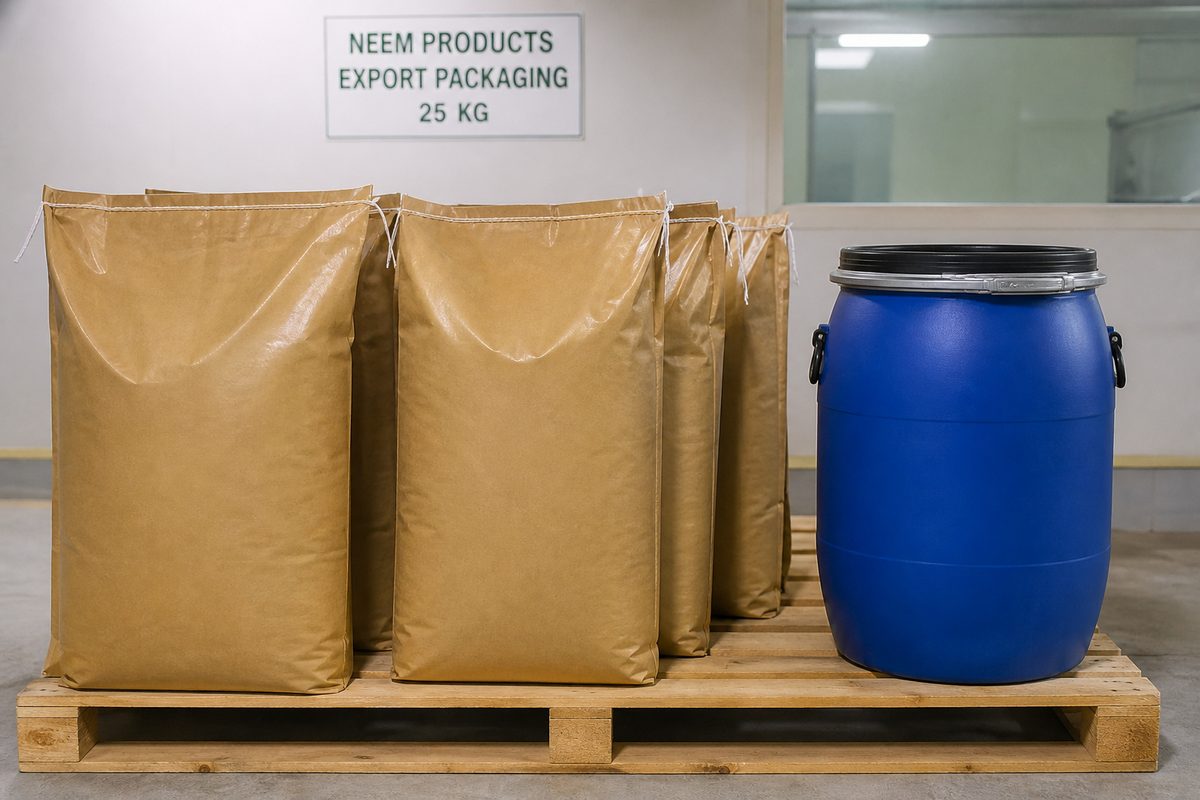25 kg food-grade bags of neem leaf powder and a 25 kg HDPE extract drum ready for export