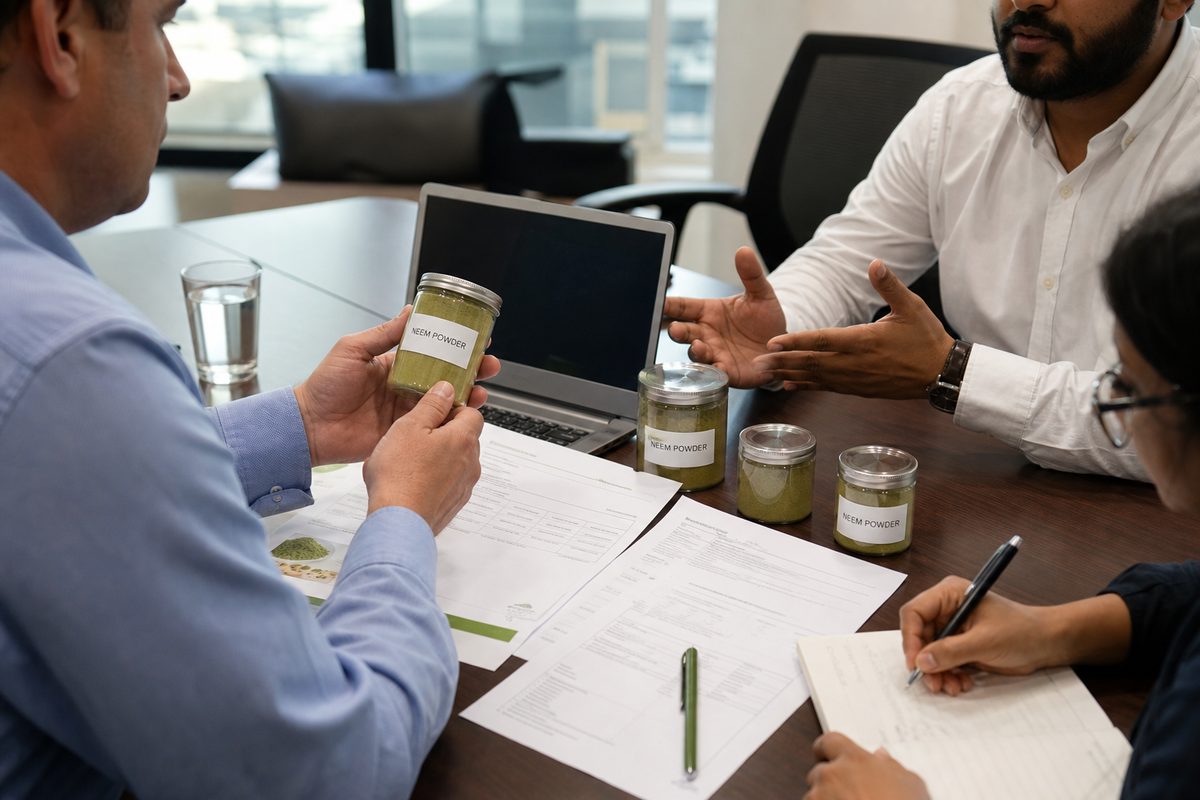 International buyer reviewing Indian neem powder samples, COA specs, and dated FOB terms with a merchant exporter