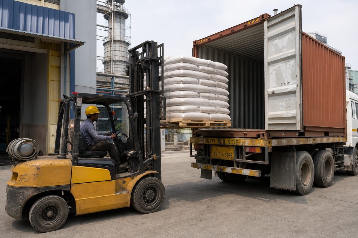 Forklift loading palletized Indian neem powder onto a truck for Mundra, Nhava Sheva, Chennai, or Tuticorin port haul