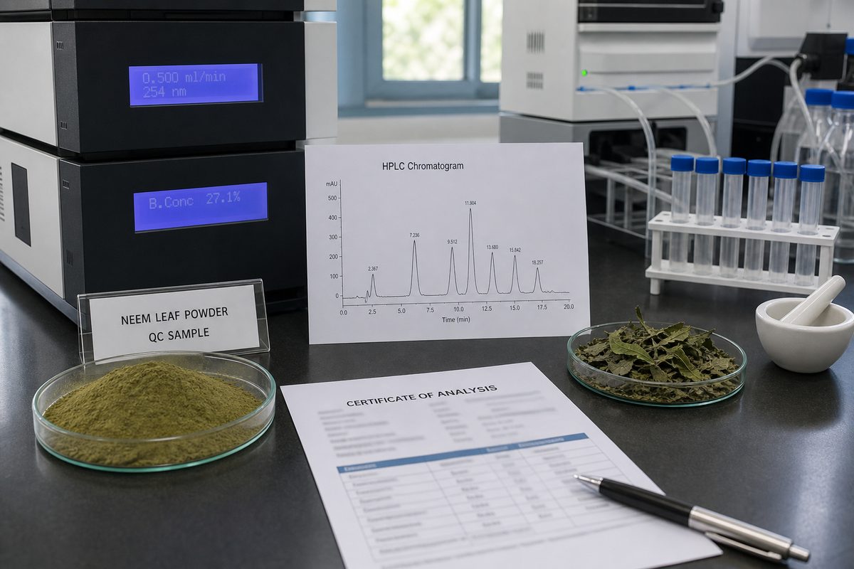 Laboratory Certificate of Analysis and HPLC review for Indian neem powder azadirachtin, moisture, micro, and markers