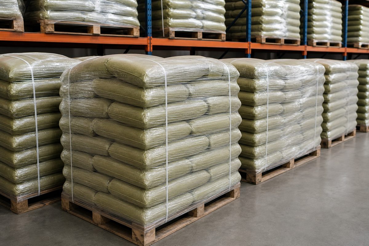 Palletized bags of Indian neem powder staged on dry warehouse racks before port dispatch