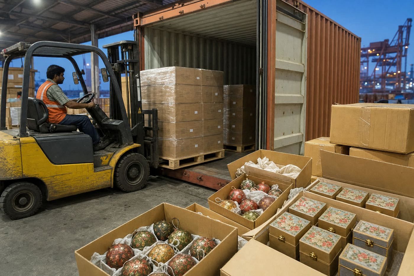 Forklift stuffing palletized cartons of papier-mache ornaments and lacquer boxes into an ocean shipping container