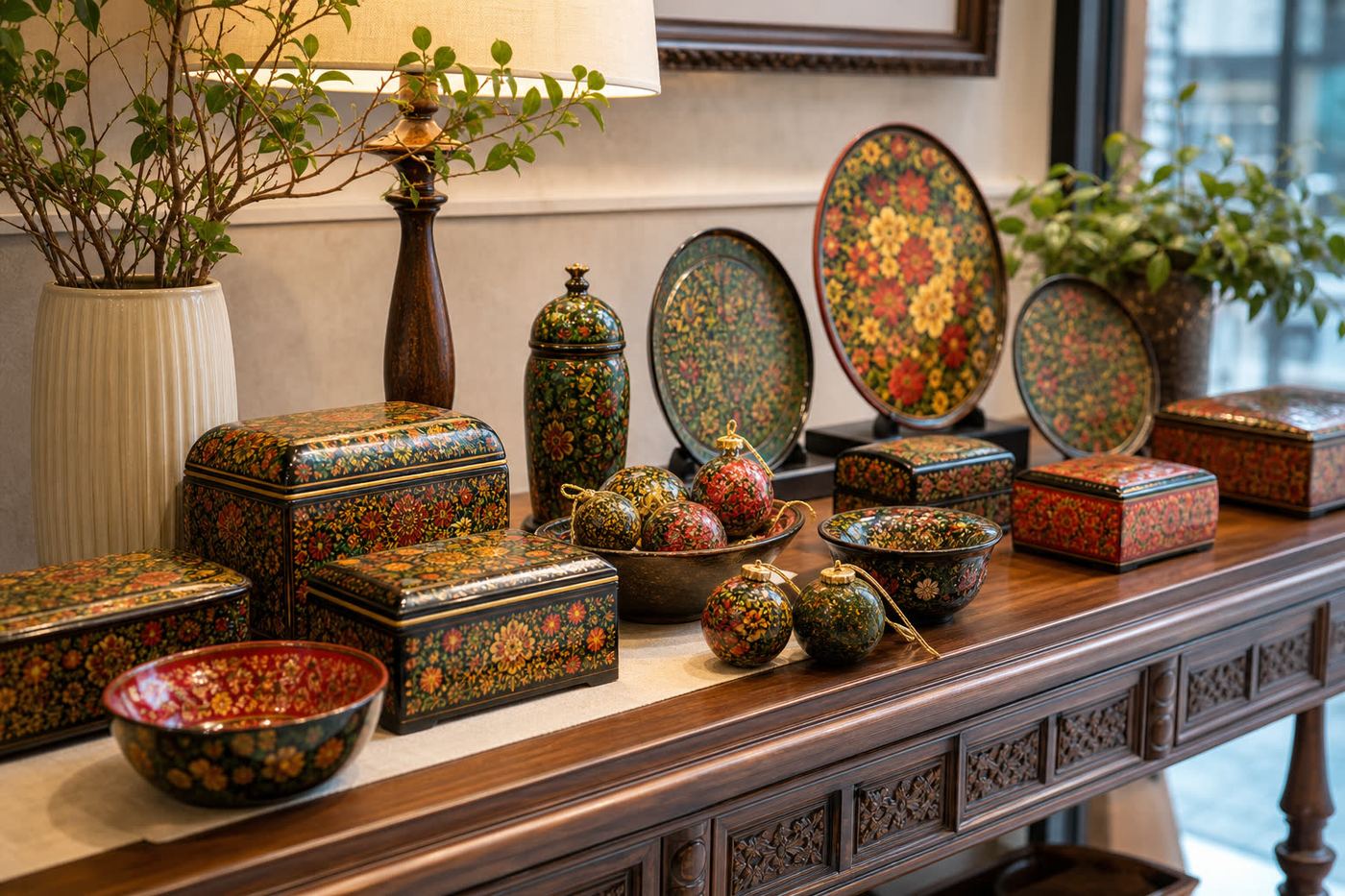 Kashmiri lacquer papier-mache jewelry boxes, painted bowls, wall plates, and Christmas ornaments styled on a console table