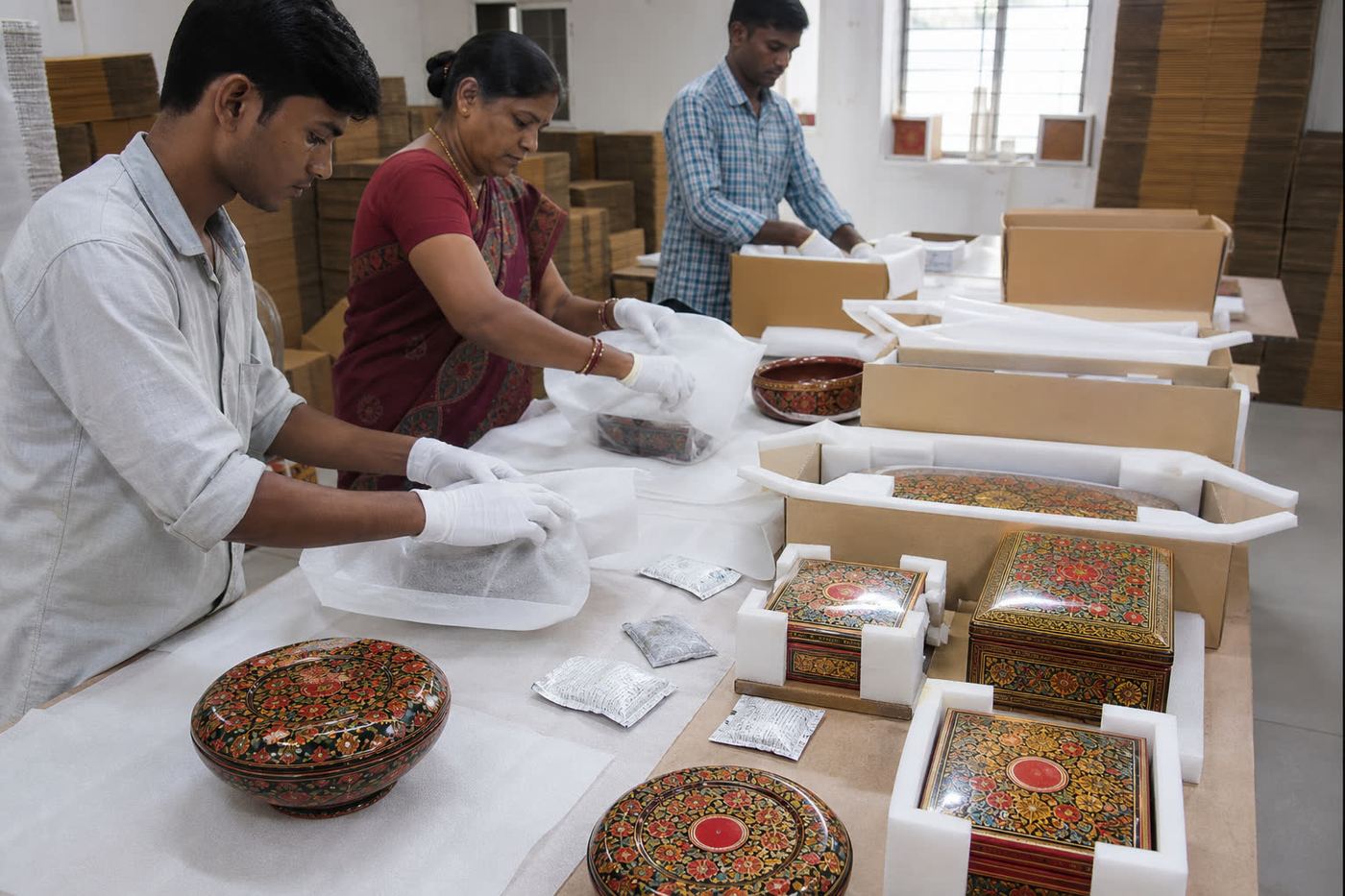 Workers wrapping hand-painted lacquer papier-mache boxes in foam with corner protectors and desiccants for export cartons