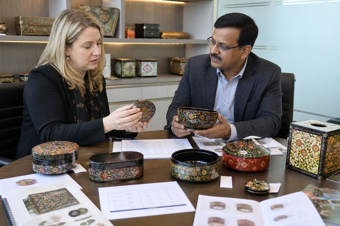 International buyer reviewing Indian papier-mache lacquer box samples with export documents at a B2B sourcing meeting