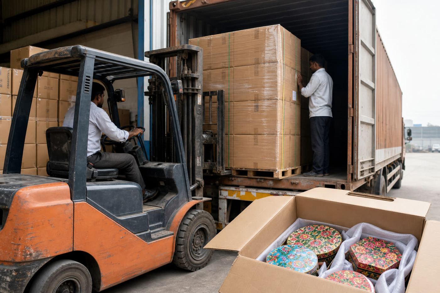 Forklift loading palletized cartons of Indian papier-mache products onto an export freight truck at a warehouse dock