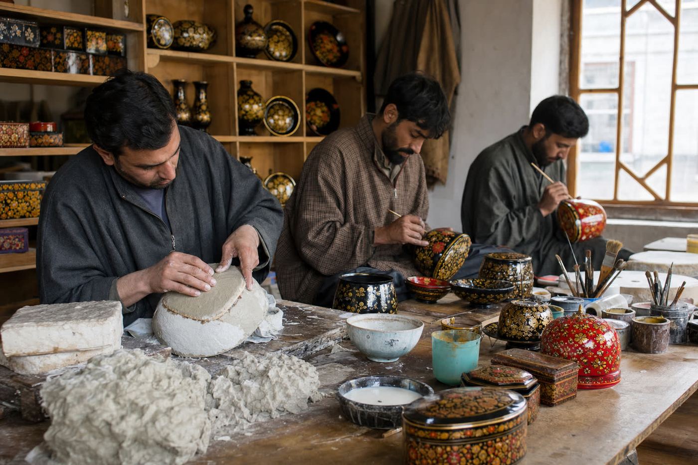 Kashmir artisans molding paper pulp and hand-painting floral lacquer papier-mache boxes in a Srinagar workshop