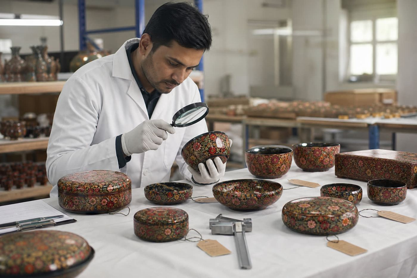 Quality inspector using a magnifying glass to check lacquer finish and motif accuracy on Indian papier-mache bowls before export