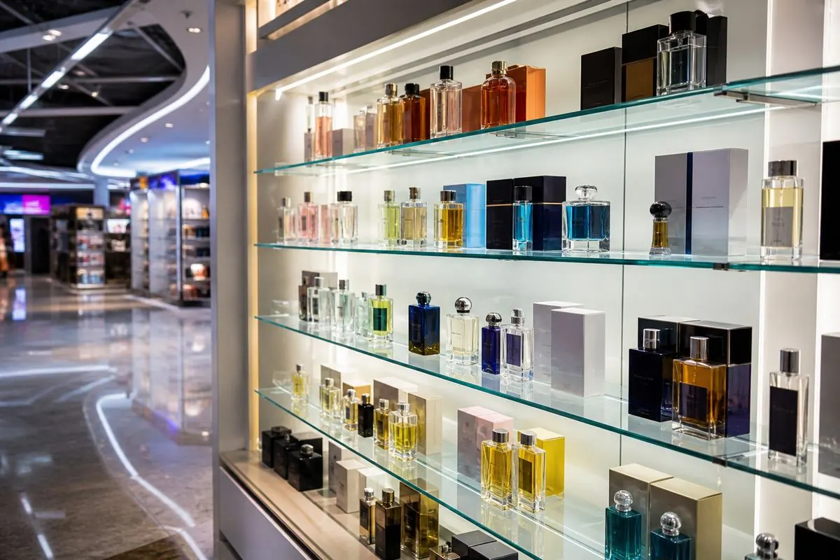 Illuminated retail duty-free perfume display with fragrance bottles on glass shelves