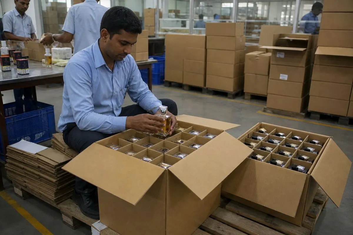 Perfume gift boxes packed into corrugated master cartons with dividers for India export