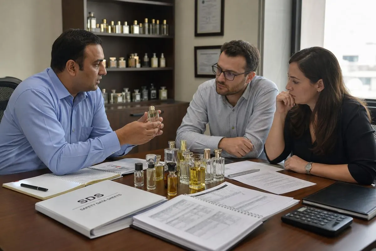 International buyer sourcing meeting with perfume samples SDS sheets and export specifications