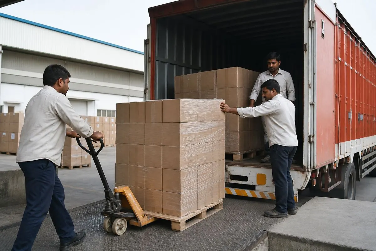 Truck loading palletized perfume cartons at Indian export warehouse dock