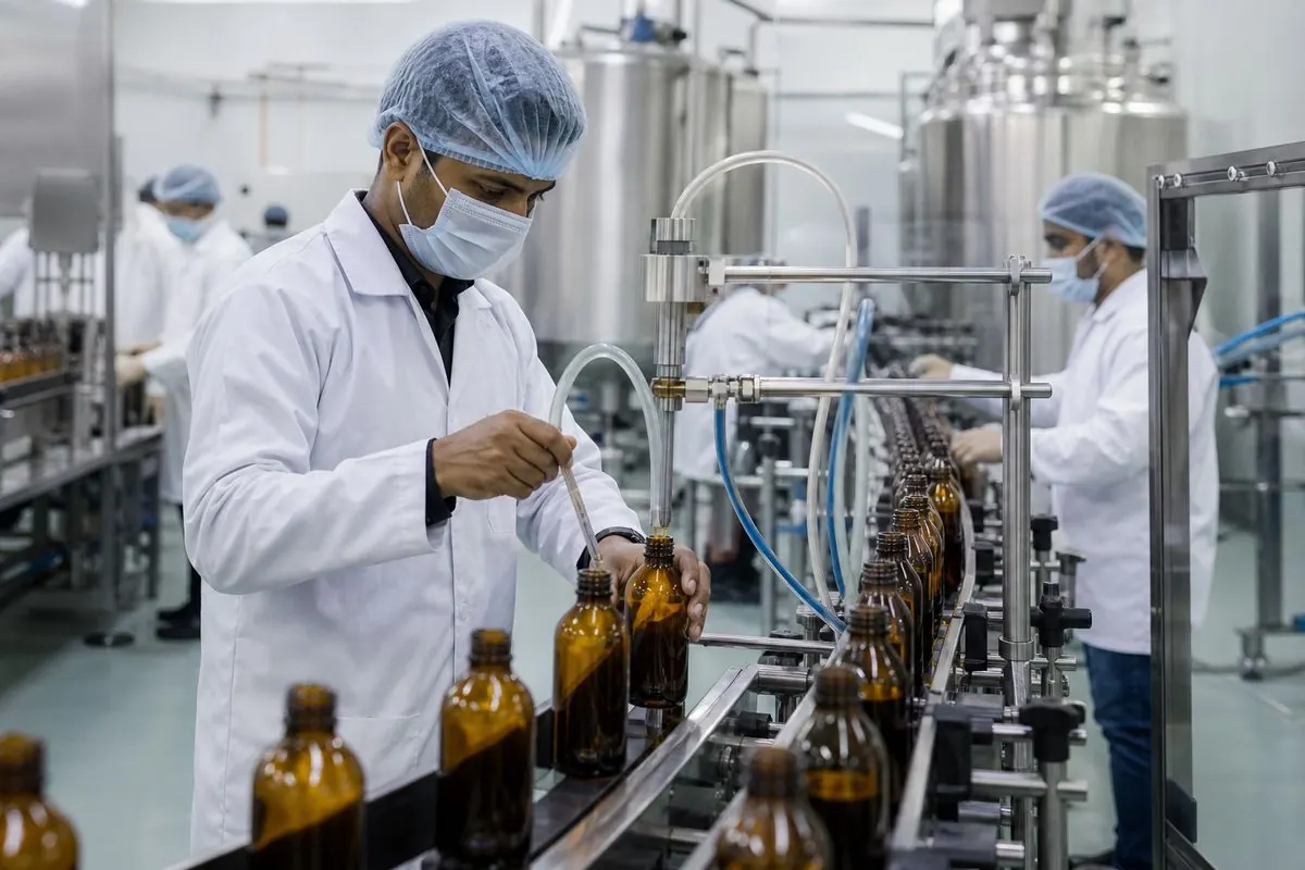 Fragrance compounding and bottle filling line in an Indian perfume manufacturing plant