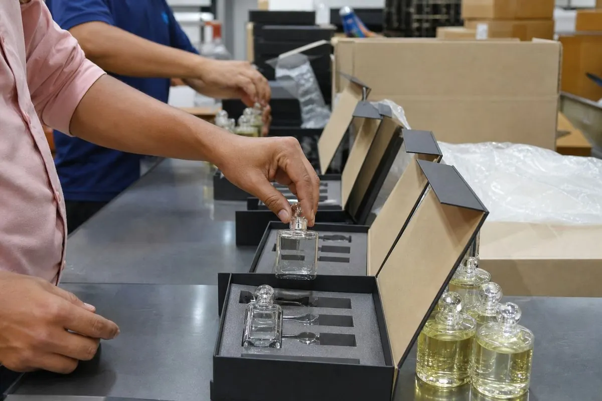 Workers packing perfume bottles into individual gift cartons with dividers in Indian export facility