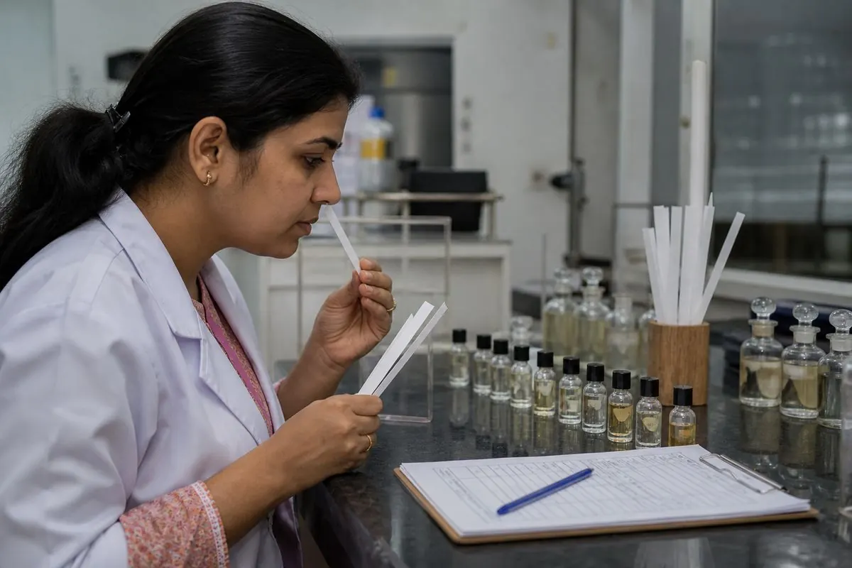 Quality technician running perfume smell-panel inspection with sealed reference samples and blotters