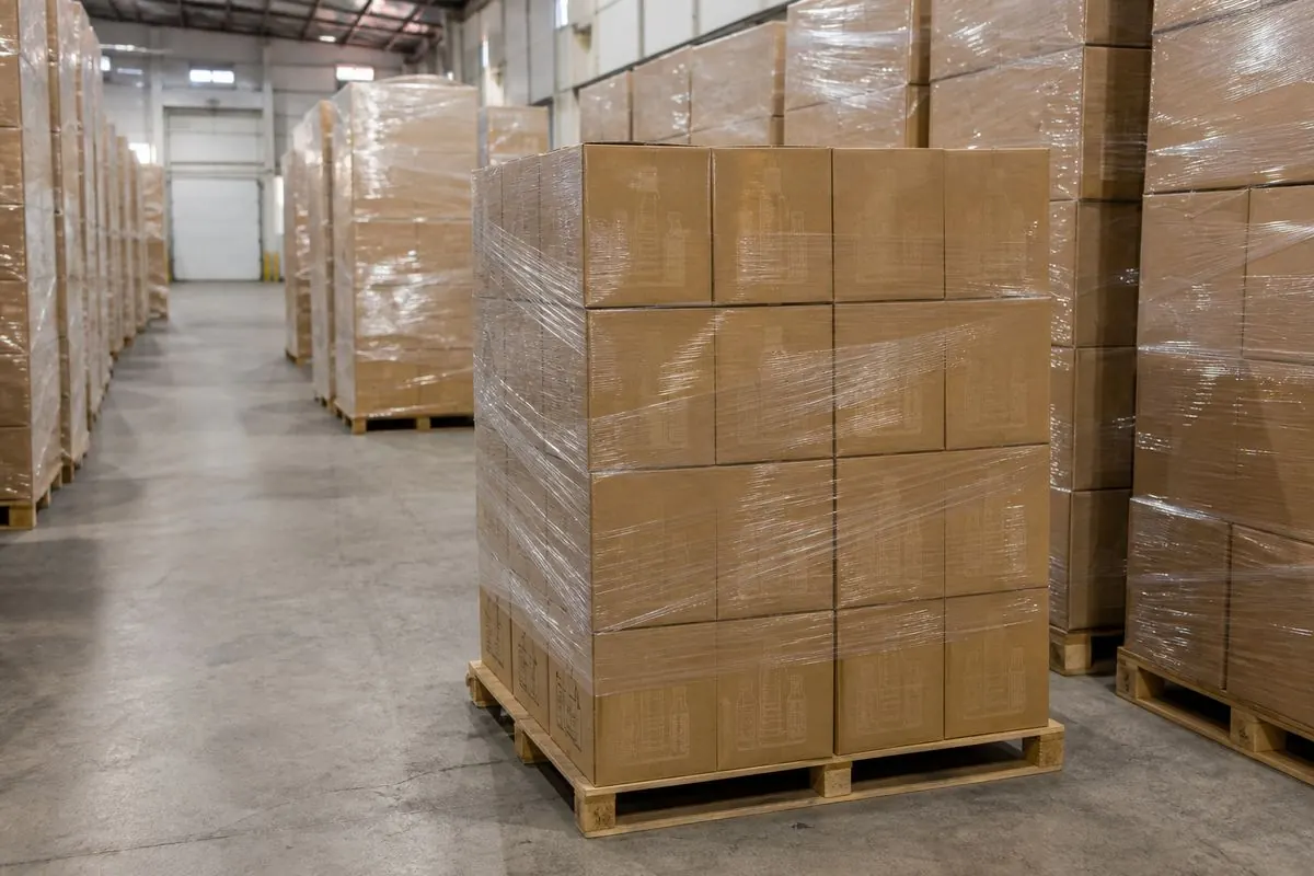 Palletized stretch-wrapped perfume master cartons staged in Indian export warehouse