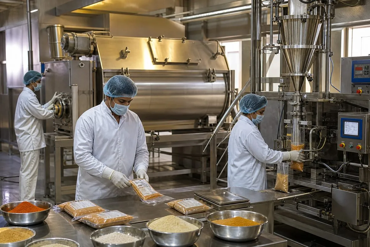 Workers in hygienic gear monitoring a stainless steel blending and packing line at an Indian private-label food ingredient manufacturing plant