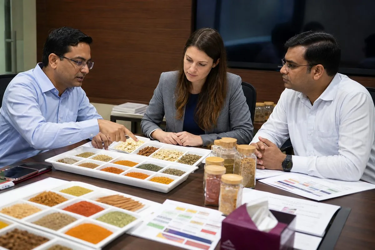 International retail brand buyer and Indian merchant exporter reviewing private-label food ingredient samples, artwork proofs, and specifications at a sourcing meeting