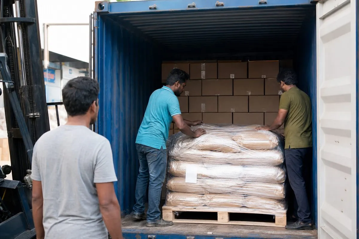Workers stuffing a 20-foot shipping container with palletised private-label food ingredient bags and cartons at an Indian export port