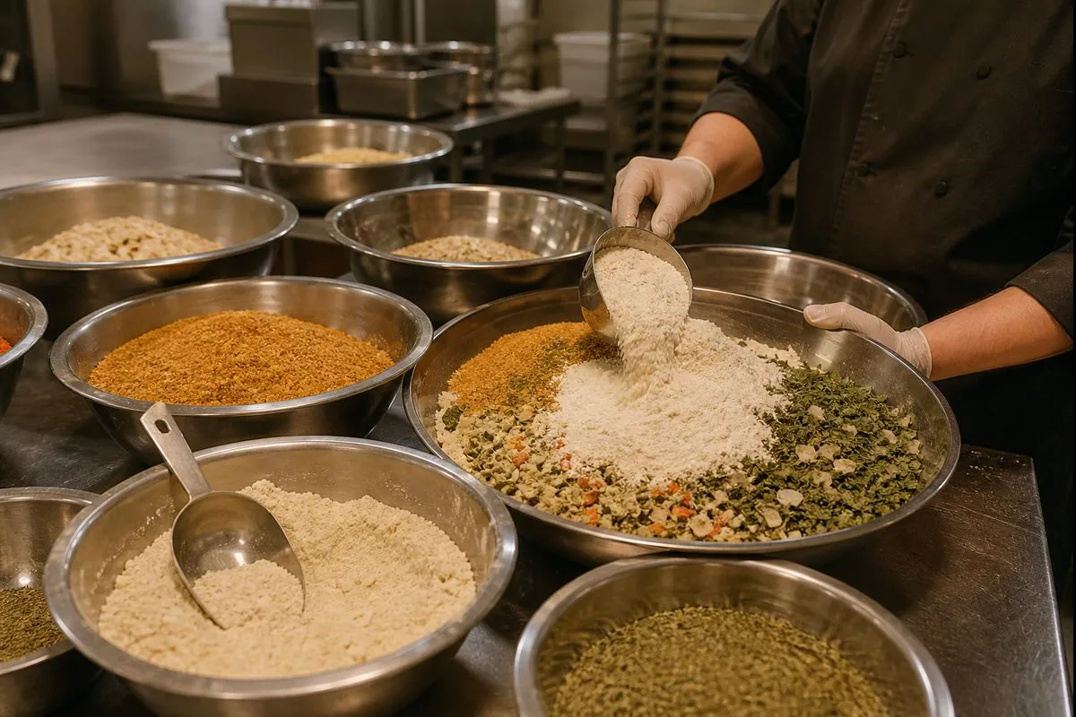 Commercial kitchen bench mixing private-label spice blends, dehydrated vegetable flakes, and flour into soup mix and seasoning for retail production
