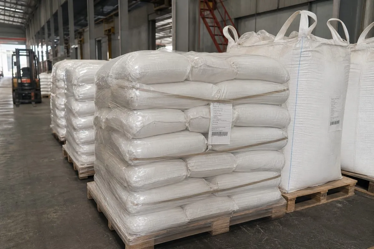 Palletised industrial 25 kg food-grade bags and a jumbo FIBC of bulk private-label food ingredients stacked for export in an Indian warehouse