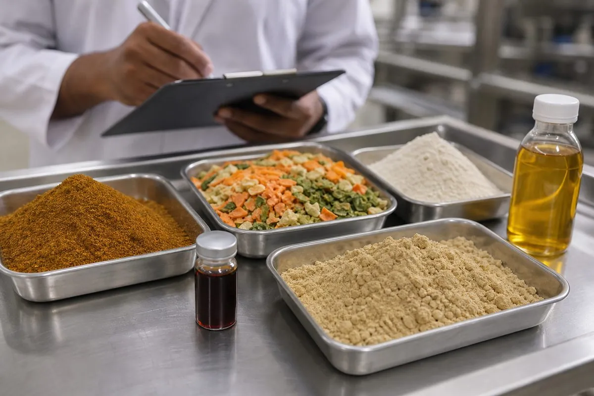 Close-up of private-label food ingredient samples in stainless trays — spice blend, dehydrated vegetable flakes, flour, oleoresin vial, pulse protein powder, and edible oil