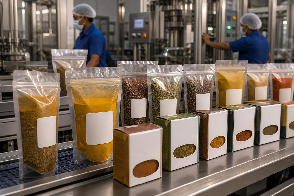 Retail-ready private-label spice and seasoning pouches with blank buyer-brand label panels on a packing conveyor in an Indian food packaging plant