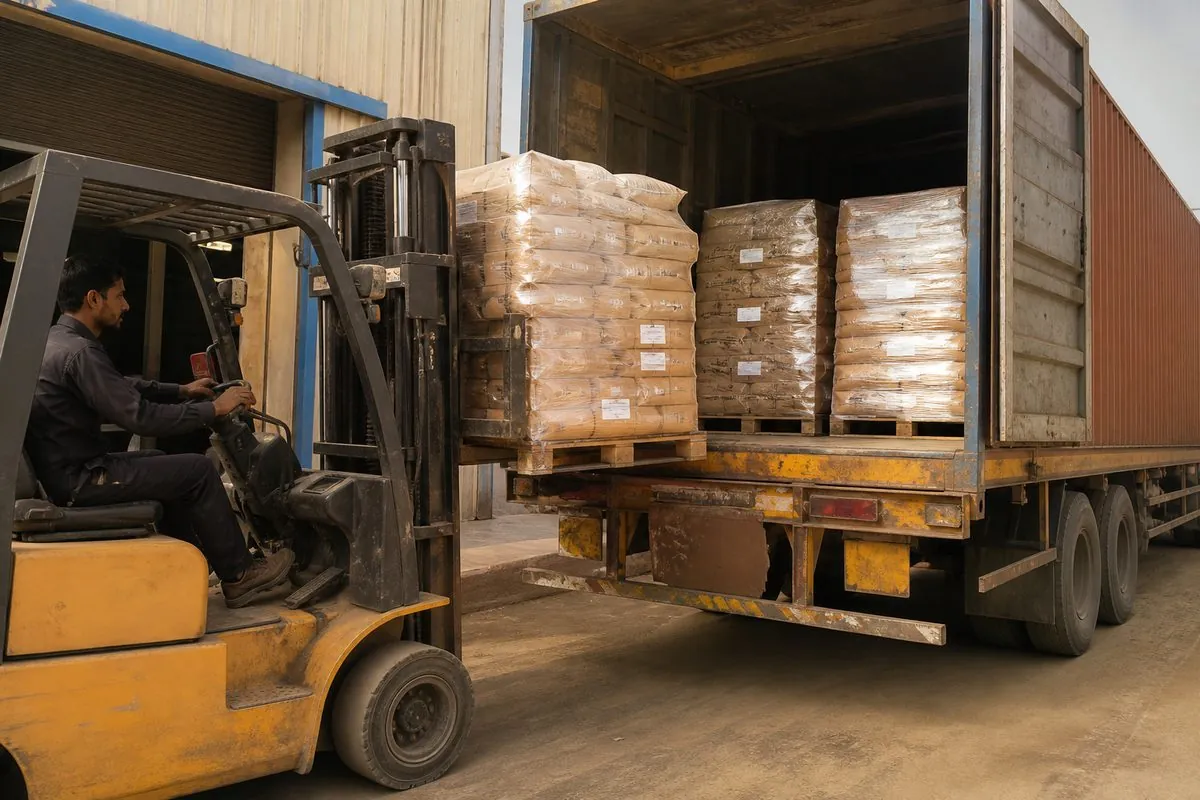Forklift loading palletised private-label food ingredient bags and cartons onto a truck at an Indian export warehouse dock for haulage to Mundra
