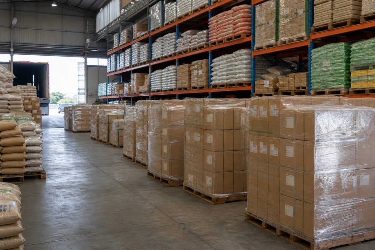 Dry Indian export warehouse aisle with stretch-wrapped pallets of private-label food ingredient cartons and bags staged before port dispatch