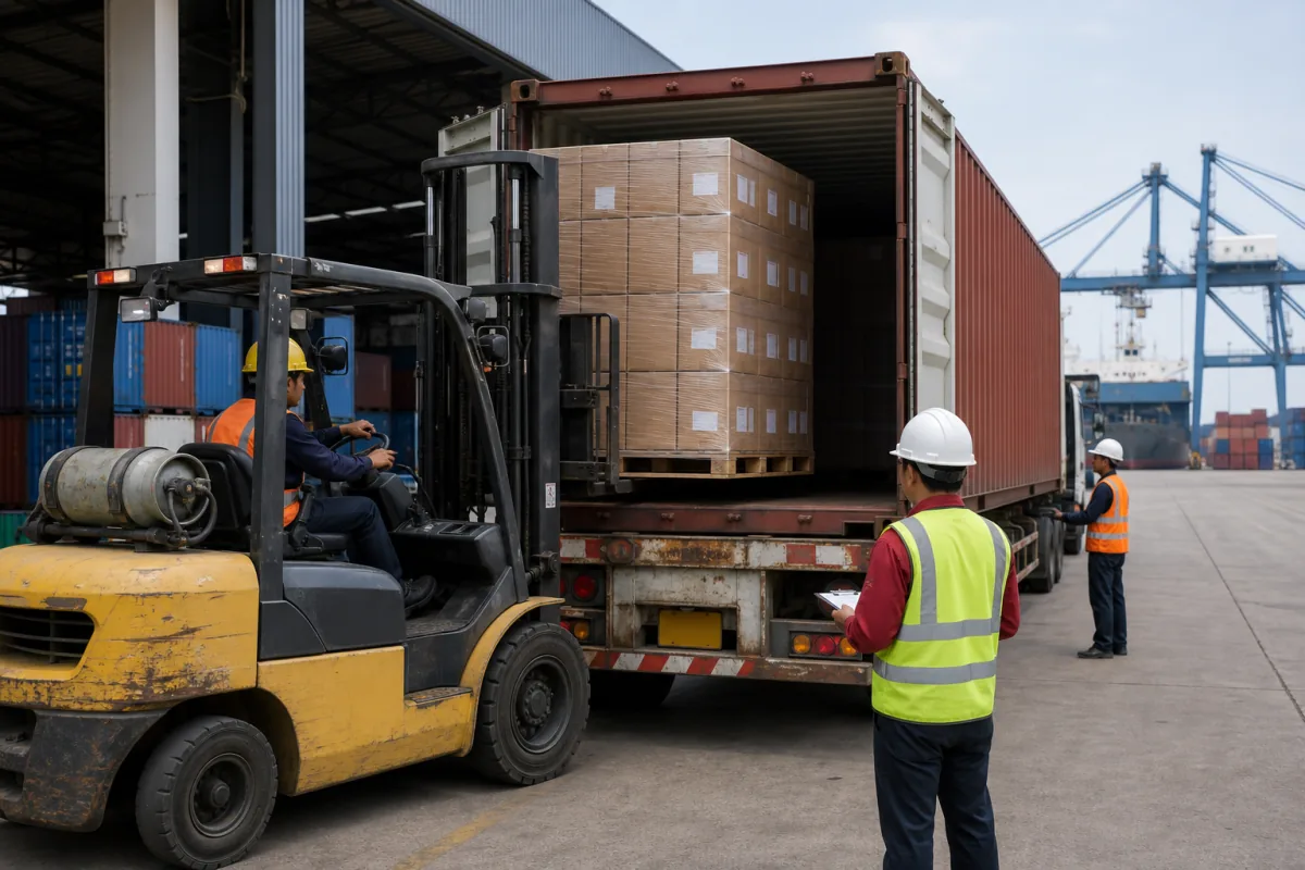 Forklift stuffing palletized cartons of Indian rugby balls into a shipping container for FCL export