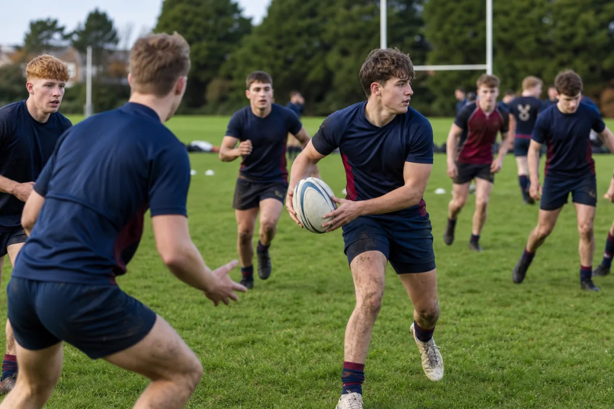 Rugby players training and playing on grass pitches showing match, club, and school end-use applications