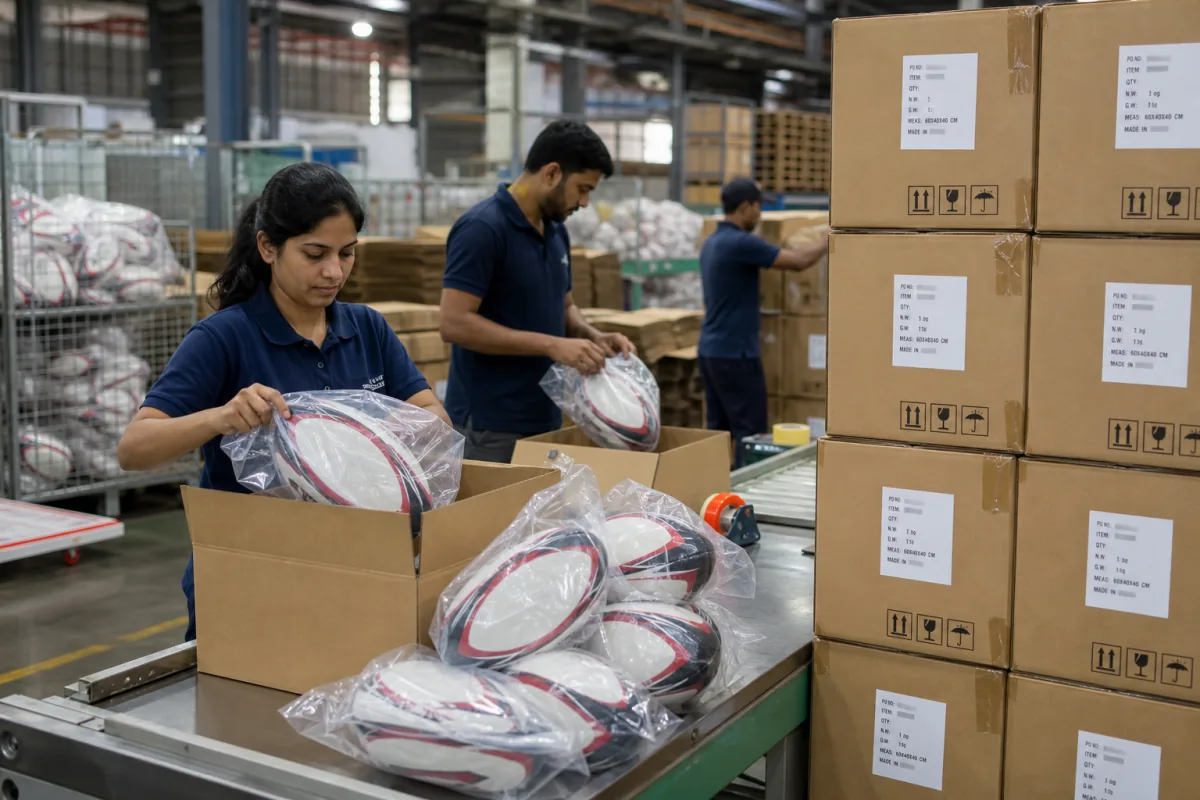 Workers packing deflated Indian rugby balls into poly bags and corrugated master cartons for export