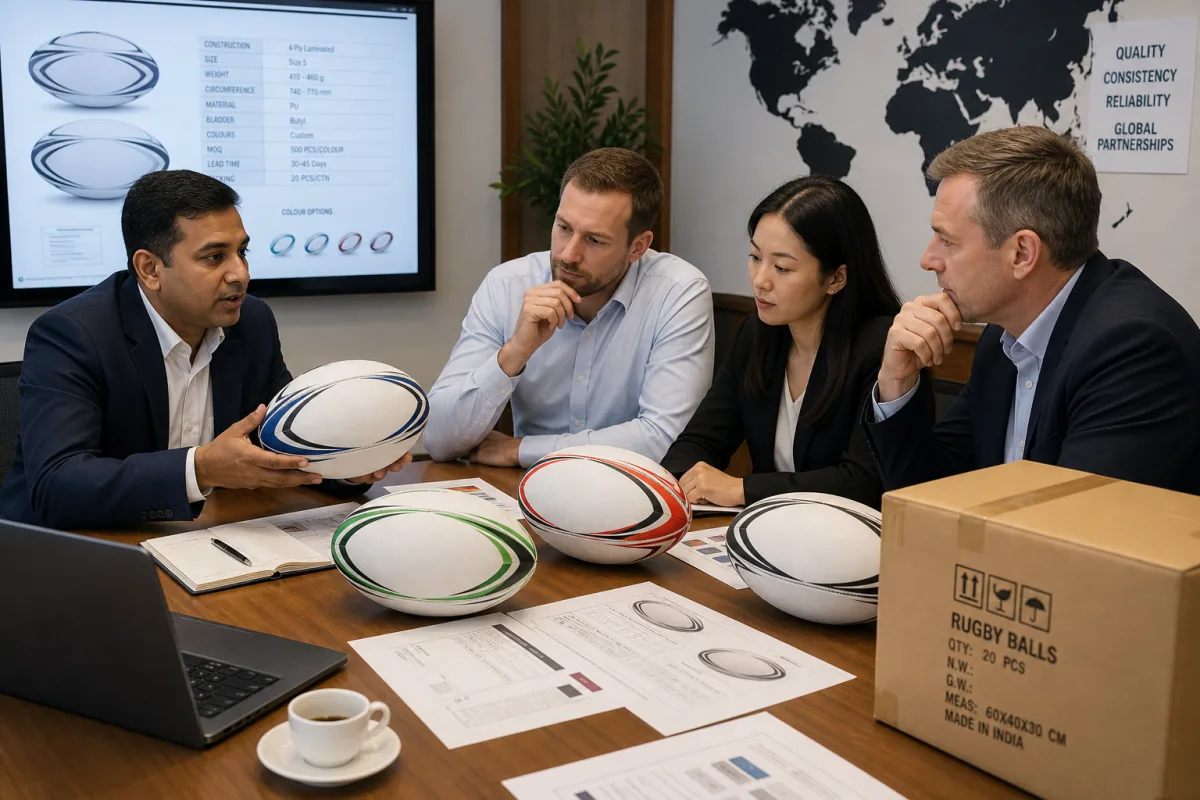 International buyers reviewing Indian rugby ball samples and export specification sheets with a sourcing partner