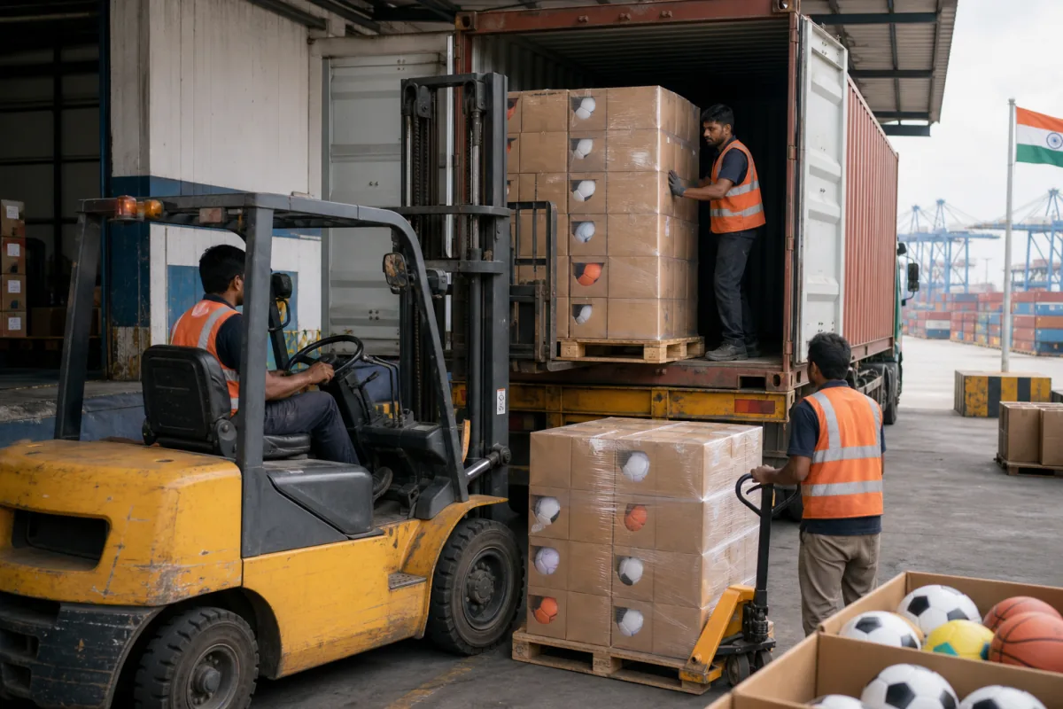 Workers loading palletized cartons of Indian rugby balls onto a truck at an export warehouse dock