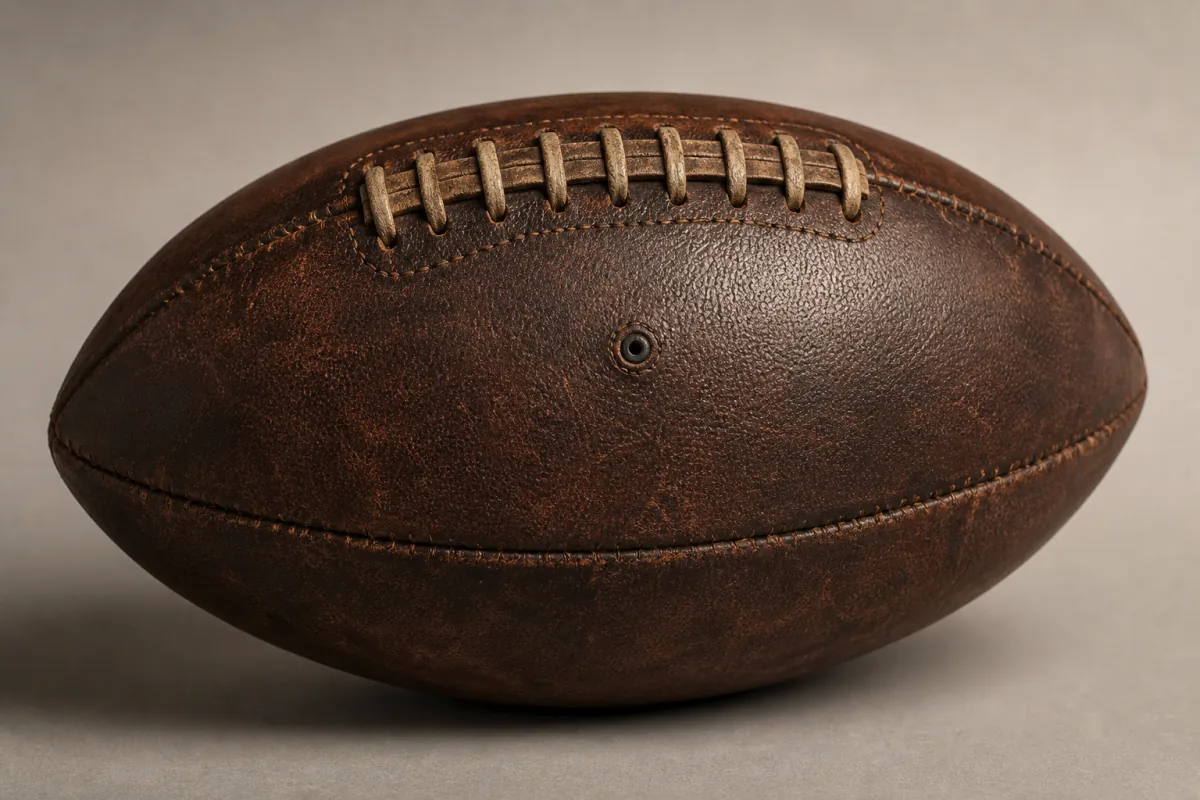 Close-up of a size-5 hand-stitched leather rugby ball showing oval profile, grip panels, and inflation valve