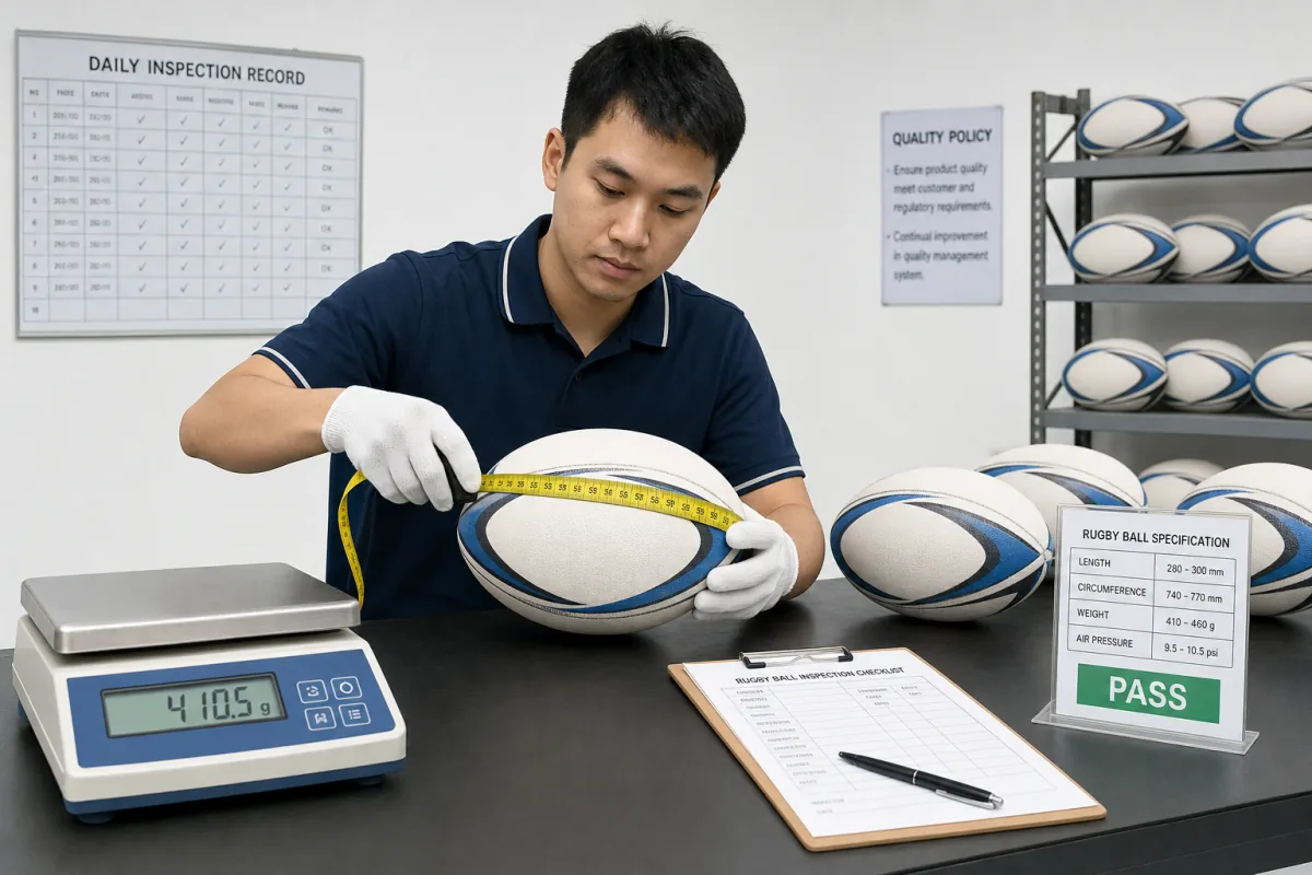 Quality inspector measuring rugby ball length, long circumference, short circumference, and weight on export QC samples