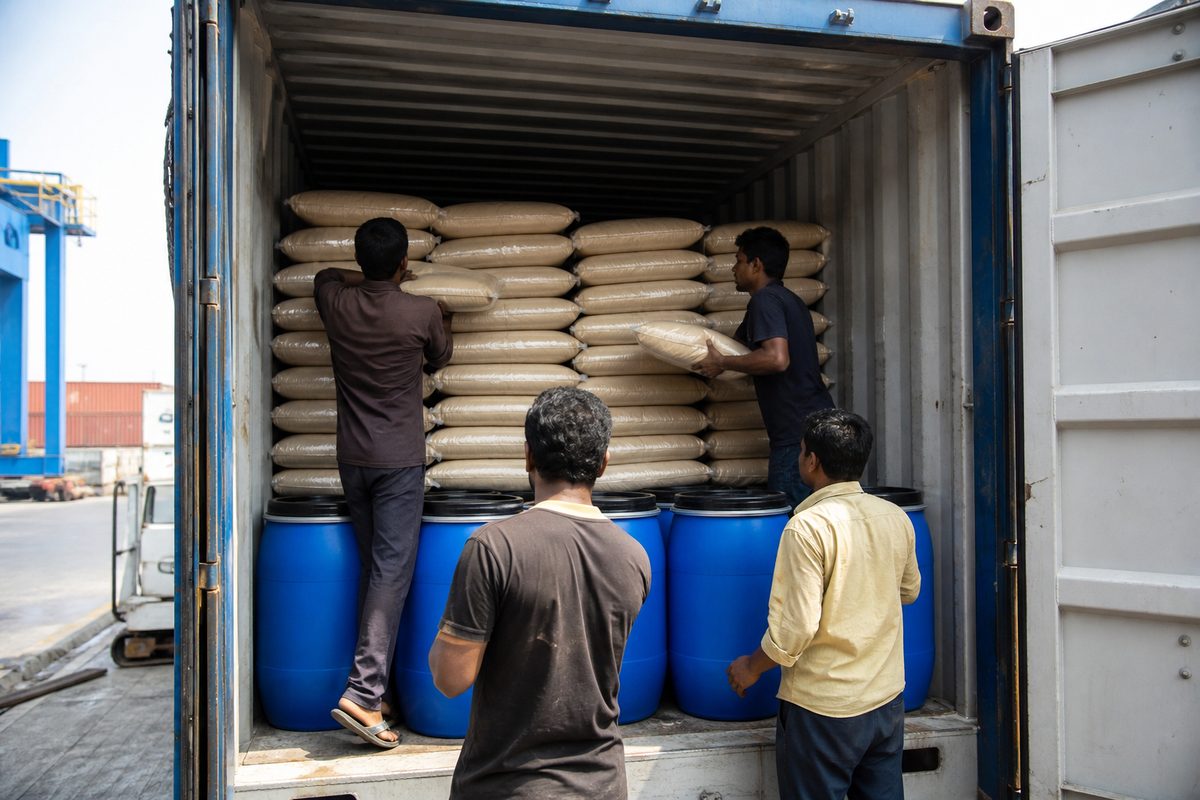 Moisture-protected stuffing of India safed musli powder bags into a 20-foot export shipping container