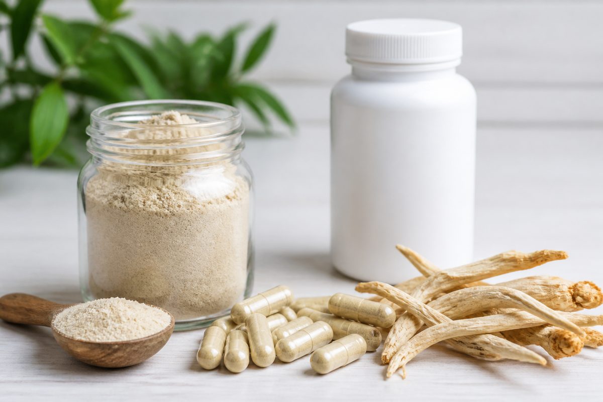 Safed Musli root powder jar, capsules, and dried root for men’s-vitality and private-label nutrition applications